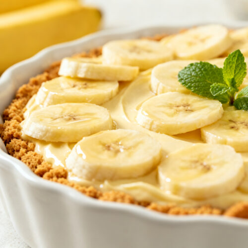 No Bake Banana Split Dessert with Biscuit Crust
