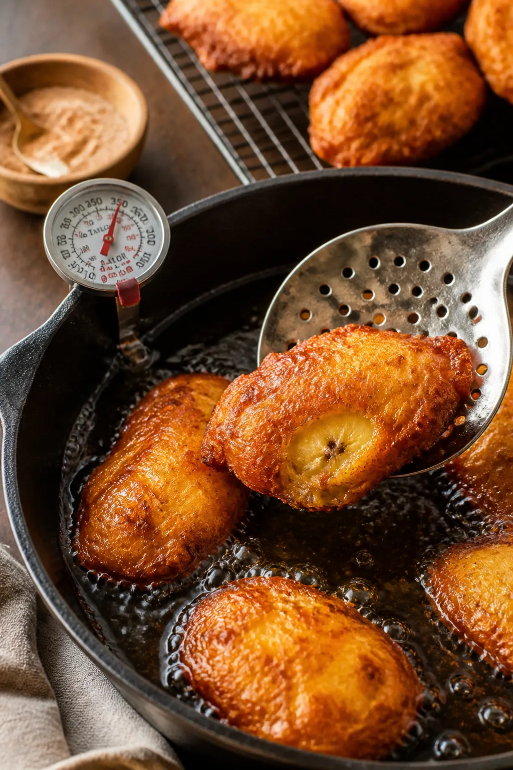 Close-up detail, cooking process: Golden-brown banana fritters sizzling in a shallow pool of 350–3