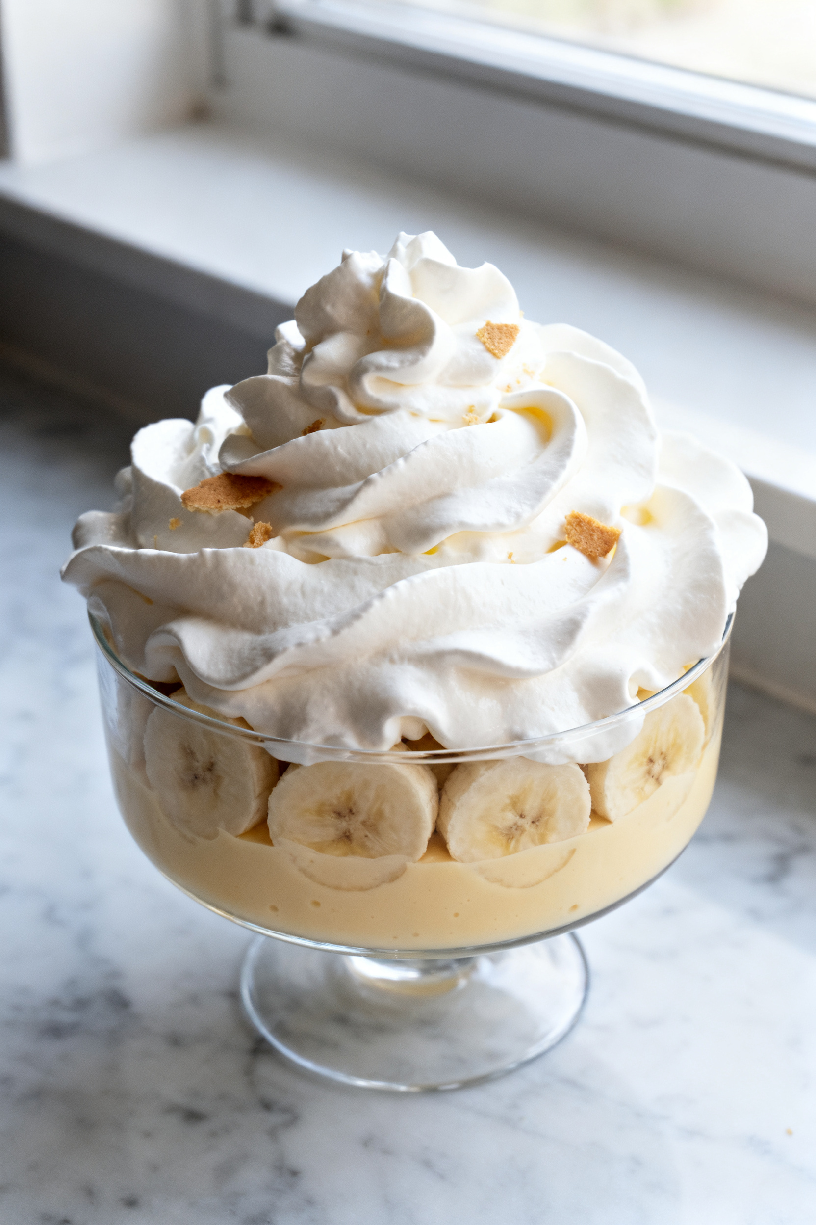 Close-up detail of the banana fluff being folded together: a glossy, softly thick vanilla pudding ba