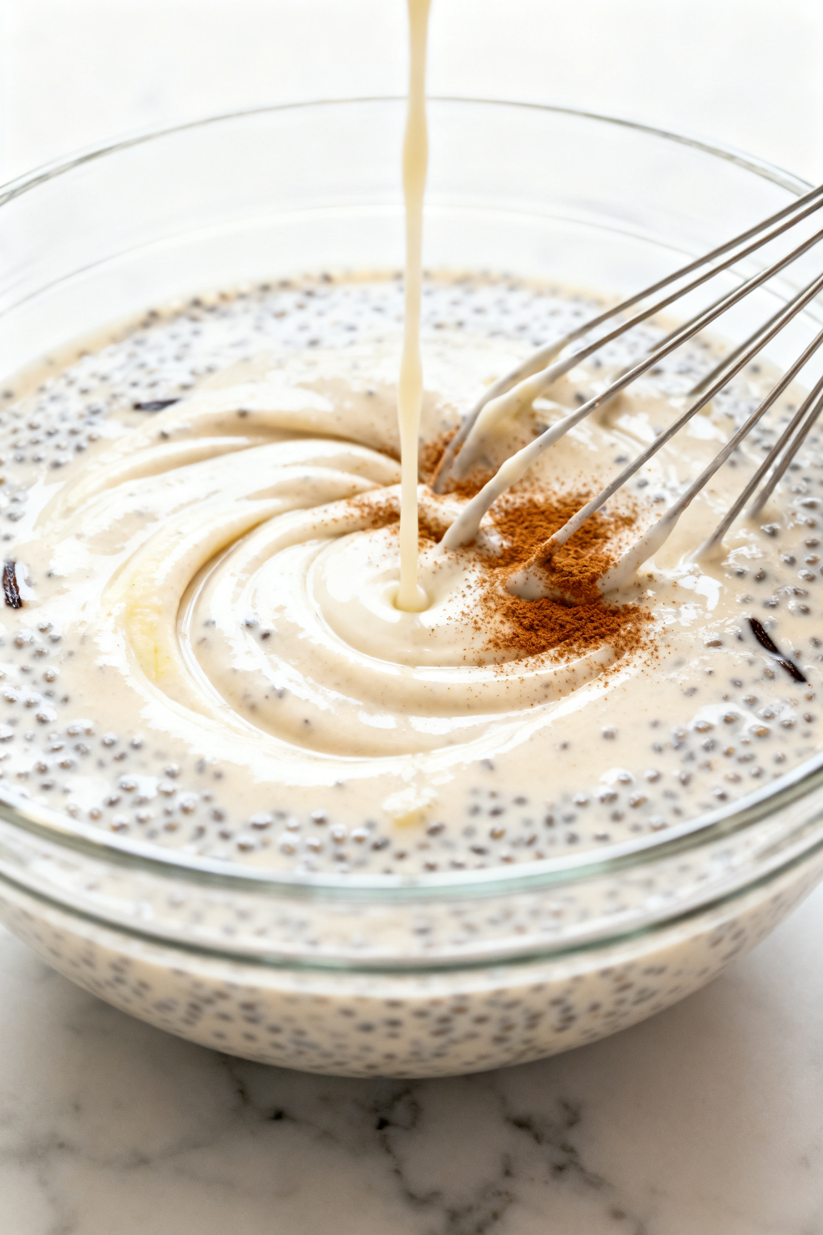 Close-up detail of the mixing stage right after the second stir: thickened banana–almond milk base