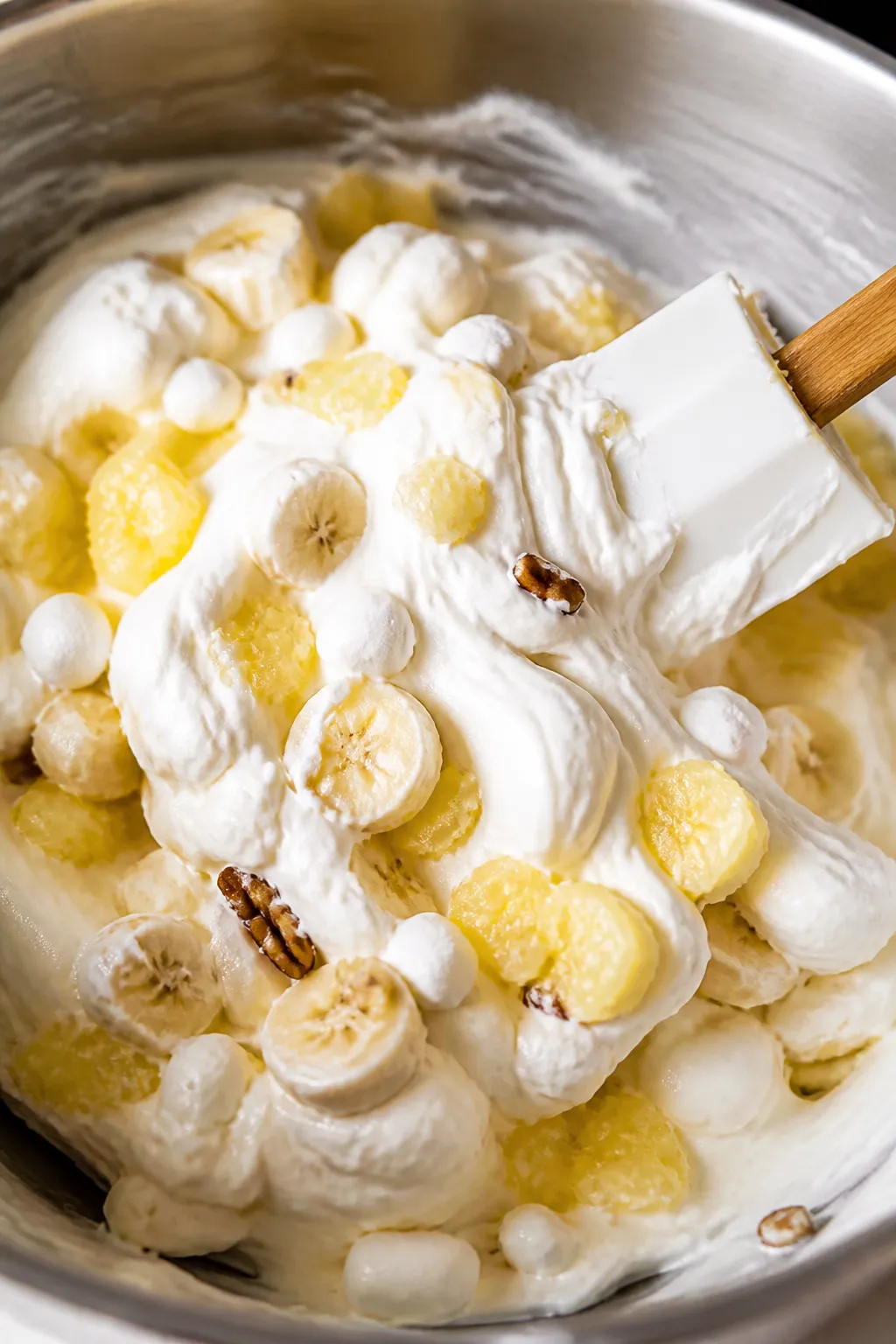 Close-up detail/process shot: Banana fluff being gently folded together in a chilled stainless-steel