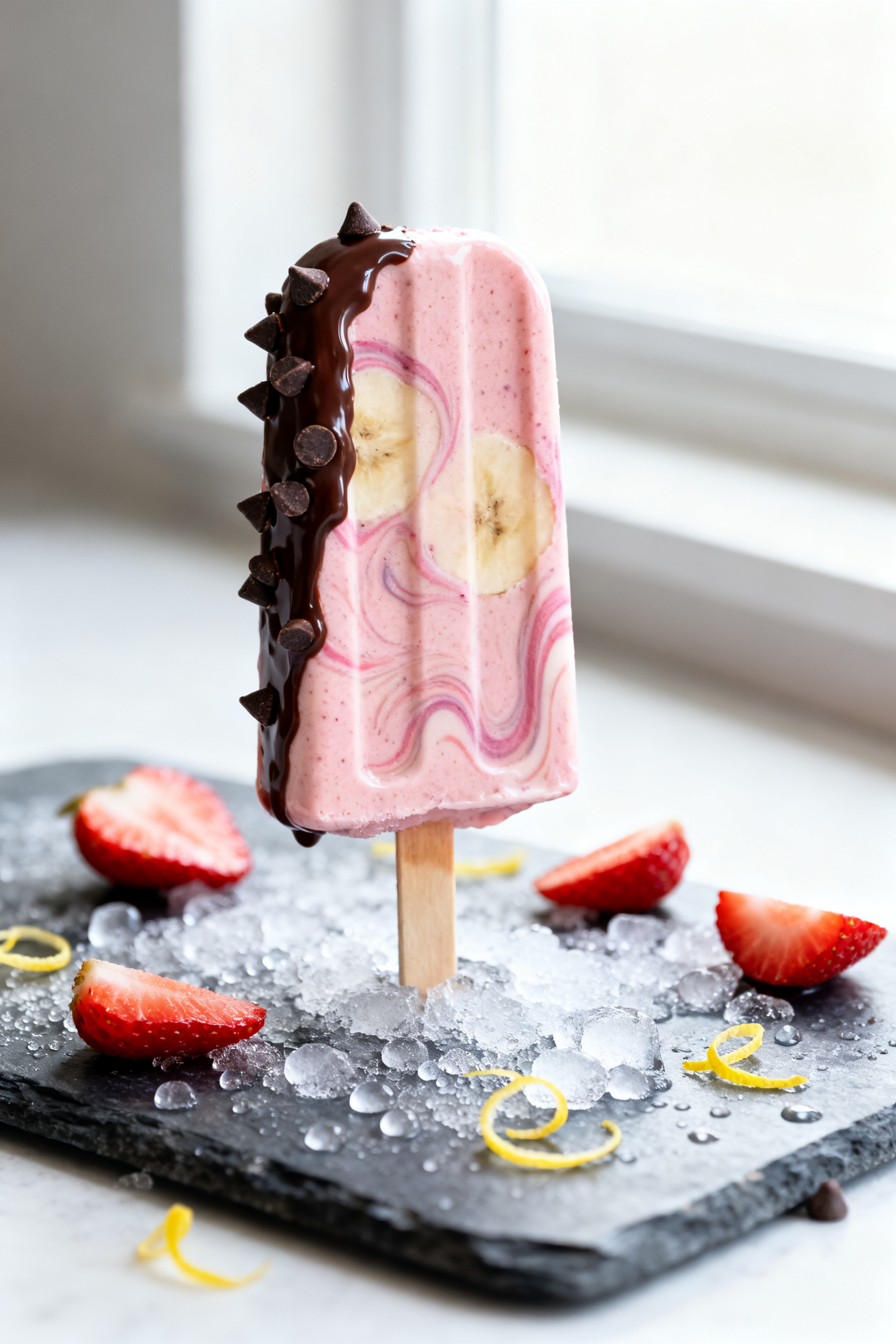 Close-up detail shot: A just-unmolded strawberry–banana smoothie popsicle held upright on a chille