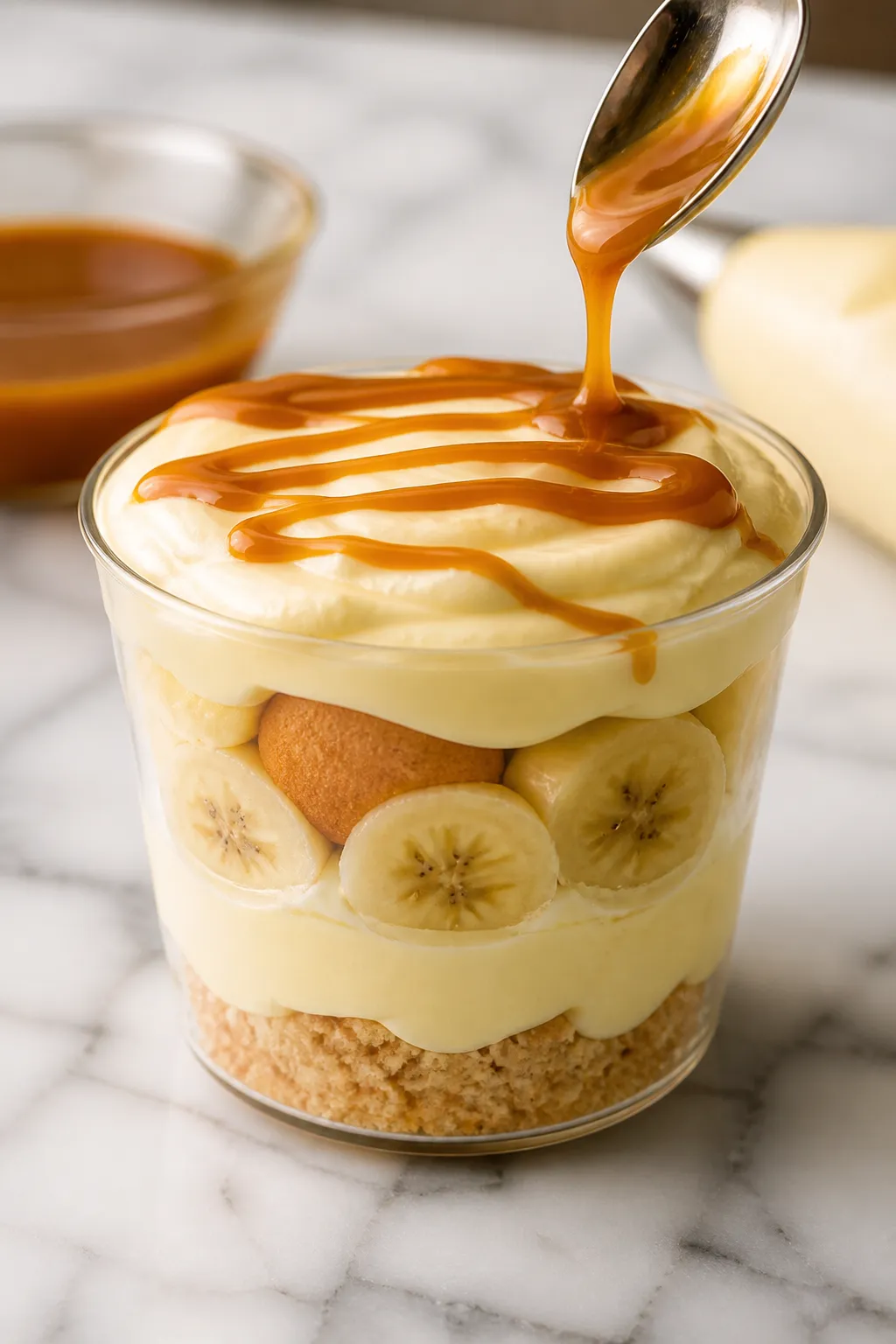 Close-up detail shot of a layered banana pudding dessert cup mid-assembly: clear 9 oz cup on a clean