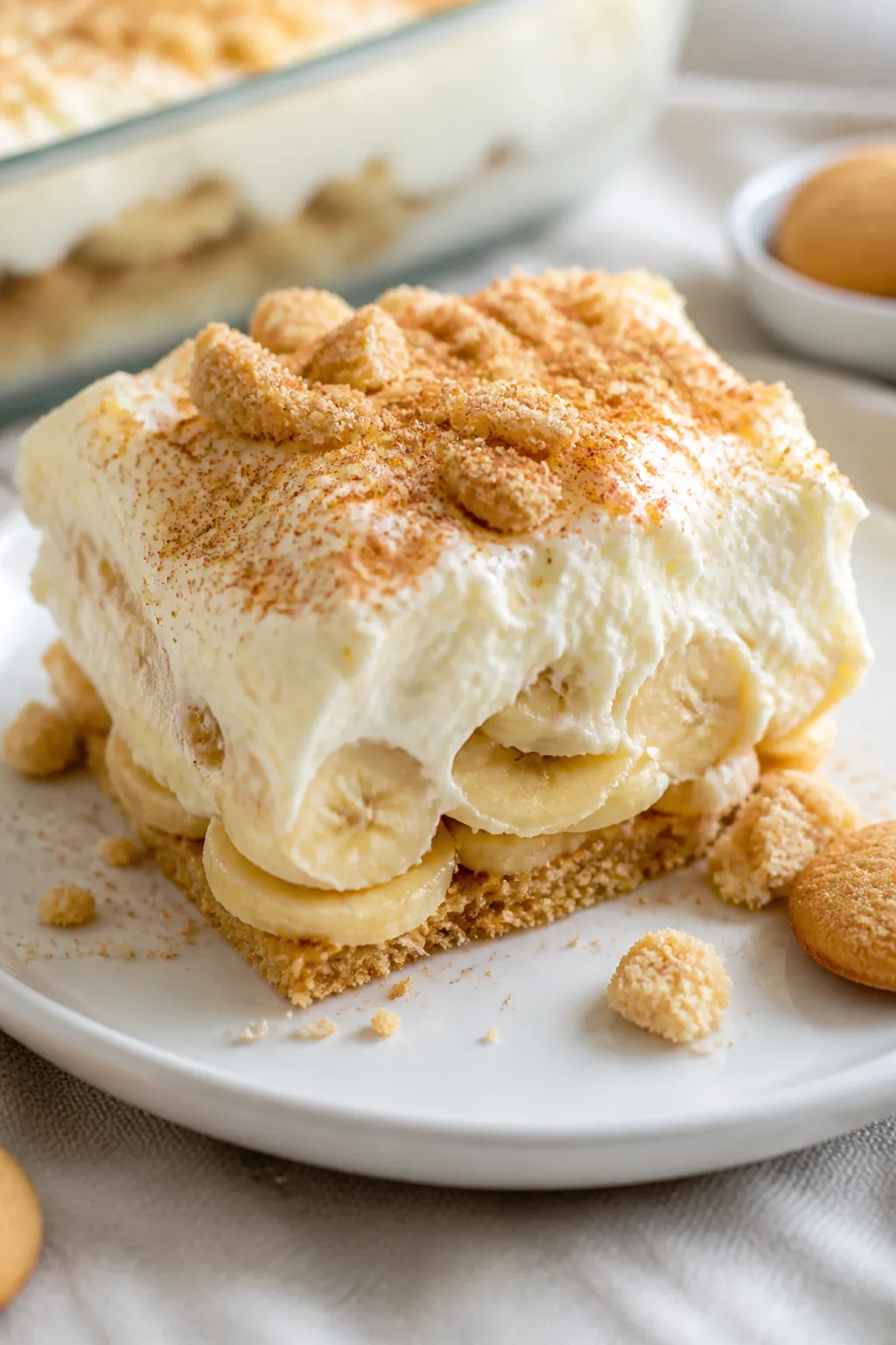 Close-up detail shot of a slice of Banana Nilla Wafer Dessert just plated from the chilled 9x13 dish