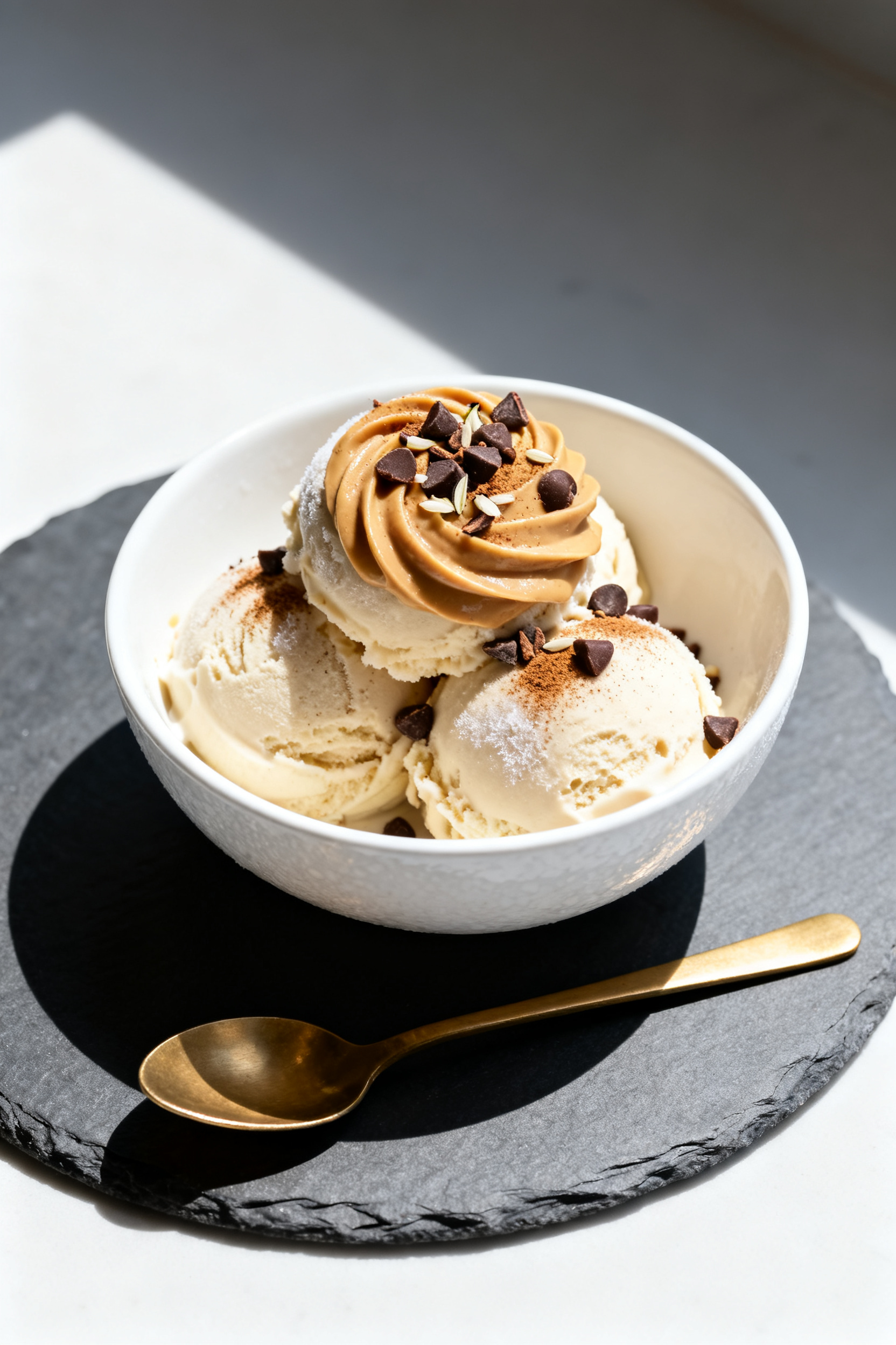 Close-up final presentation: perfectly round, tidy scoops of banana ice cream in a chilled white cer