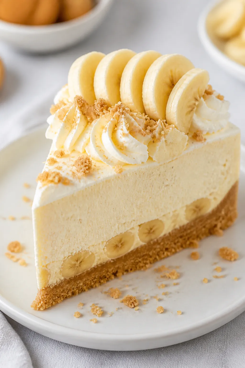 Close-up final slice plated: a tall, clean-cut wedge of banana cream no-bake cheesecake with defined