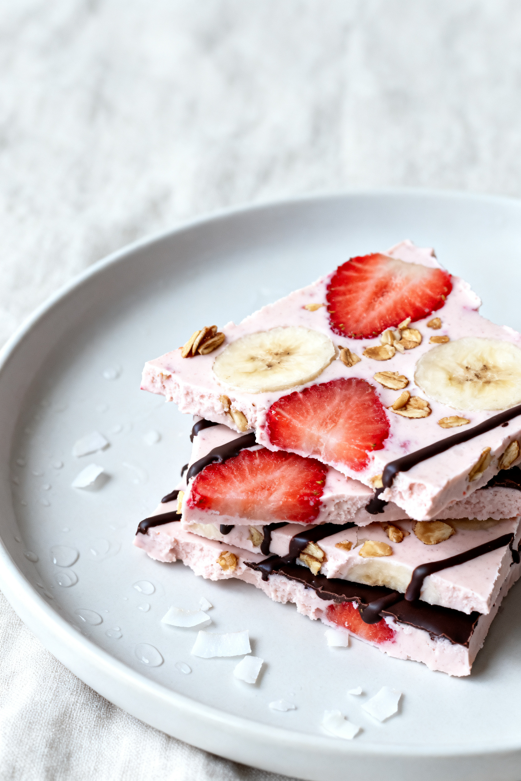 Close-up plated final presentation of broken pieces of Strawberry and Banana Frozen Yogurt Bark: irr