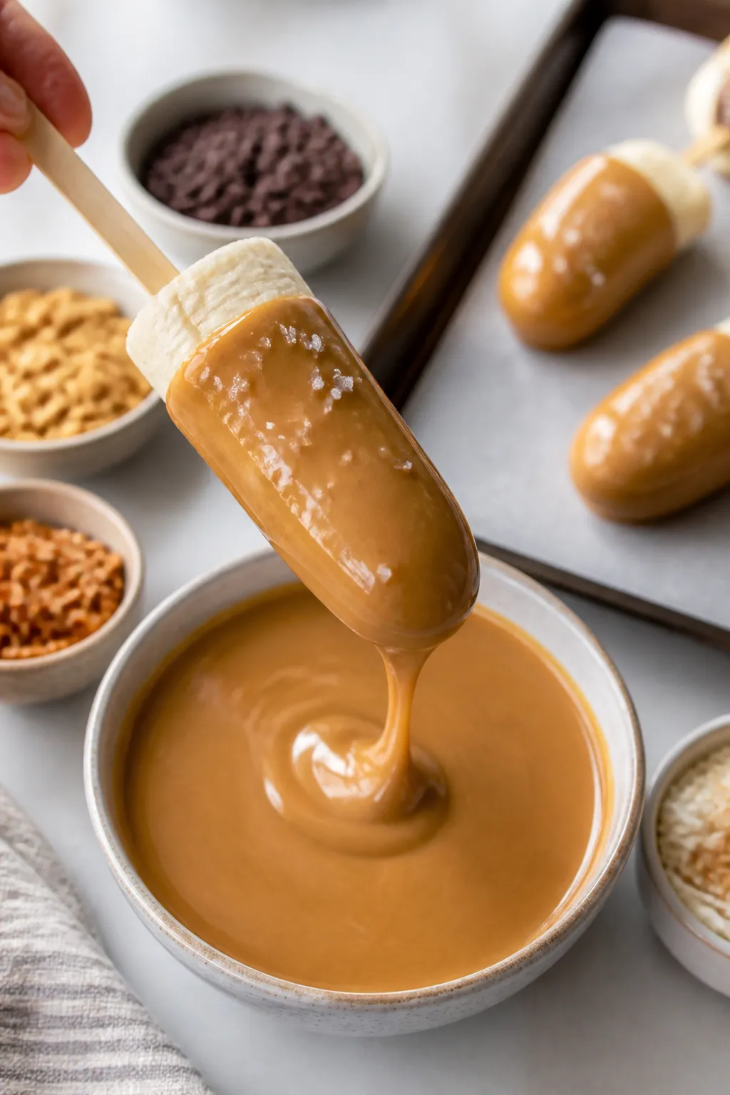 Close-up process shot of frozen banana pops being coated: a few half-bananas on sticks held over a g