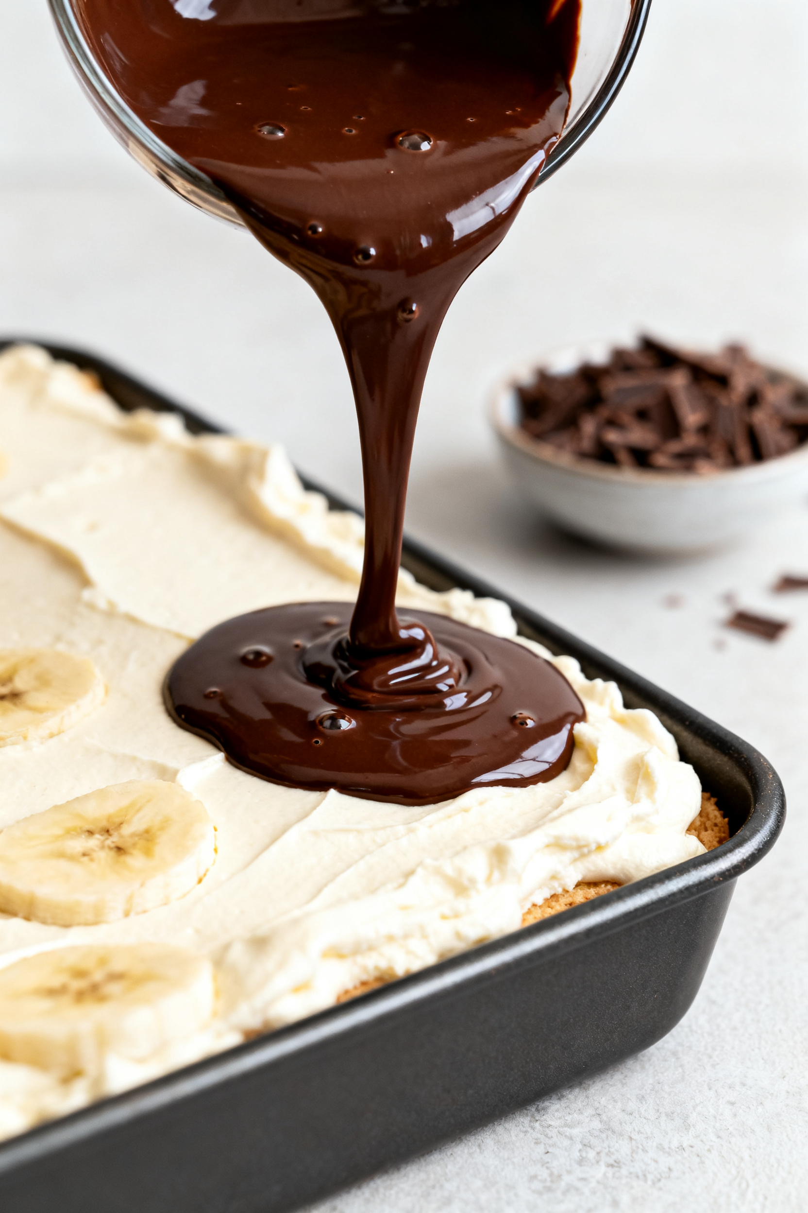 Close-up process shot of the just-chilled dessert as warm-but-not-hot ganache is poured and gently t