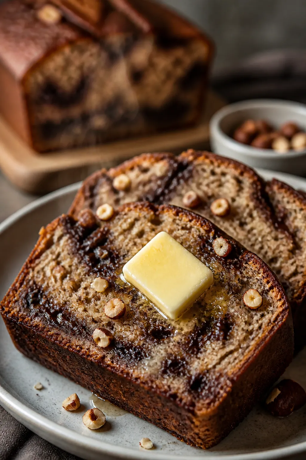 Close-up, three-quarters angle of two thick slices of banana bread with distinct Nutella ribbons lai