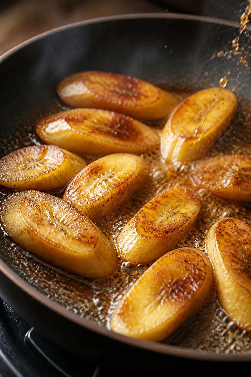 Cooking process close-up: Caramelized banana slices searing in a glossy brown-sugar butter sauce in