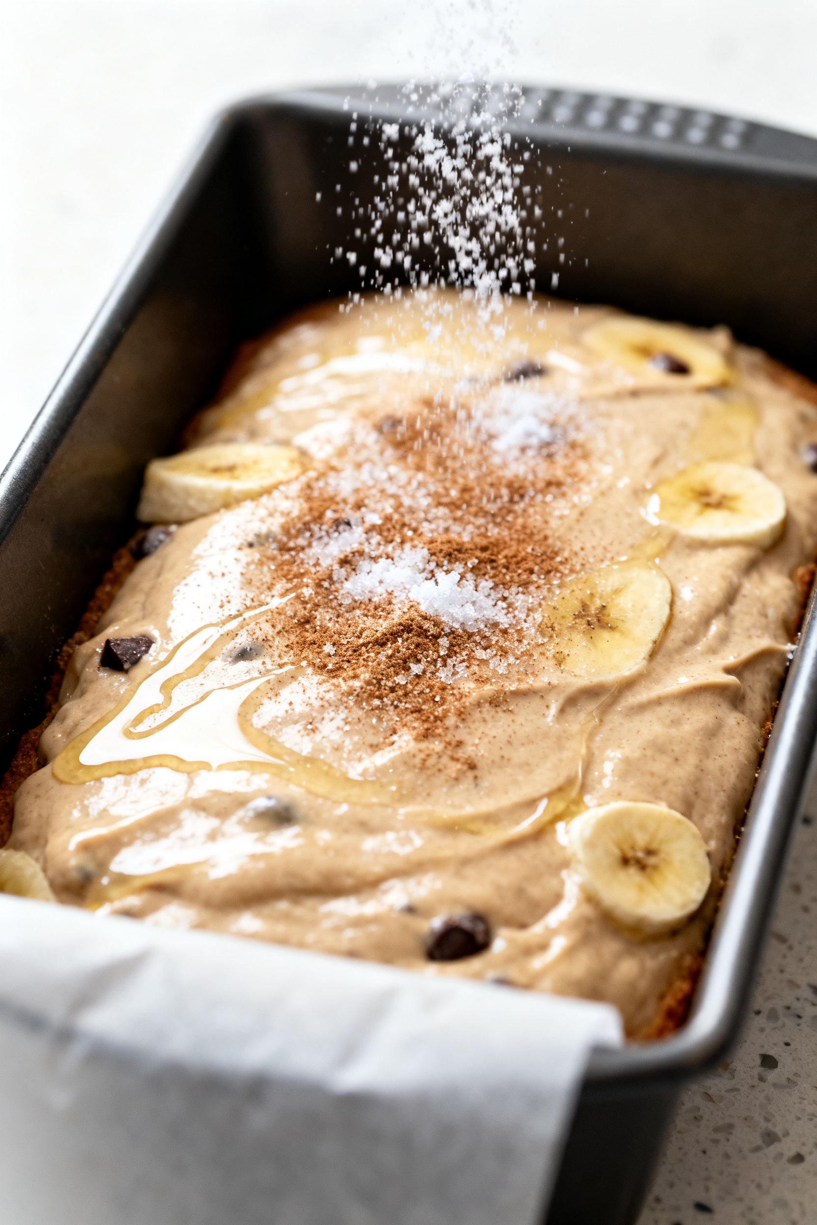 Cooking process, close-up detail: A 9x5-inch loaf pan filled with glossy banana bread batter just sm