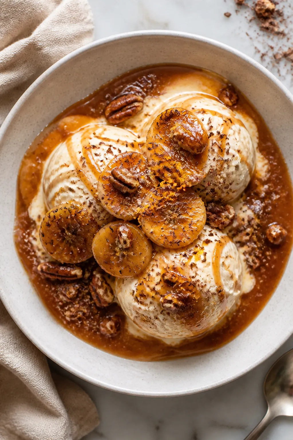 Final dish overhead: Caramelized Banana Sundae in a matte white bowl—three rounded scoops of vanil