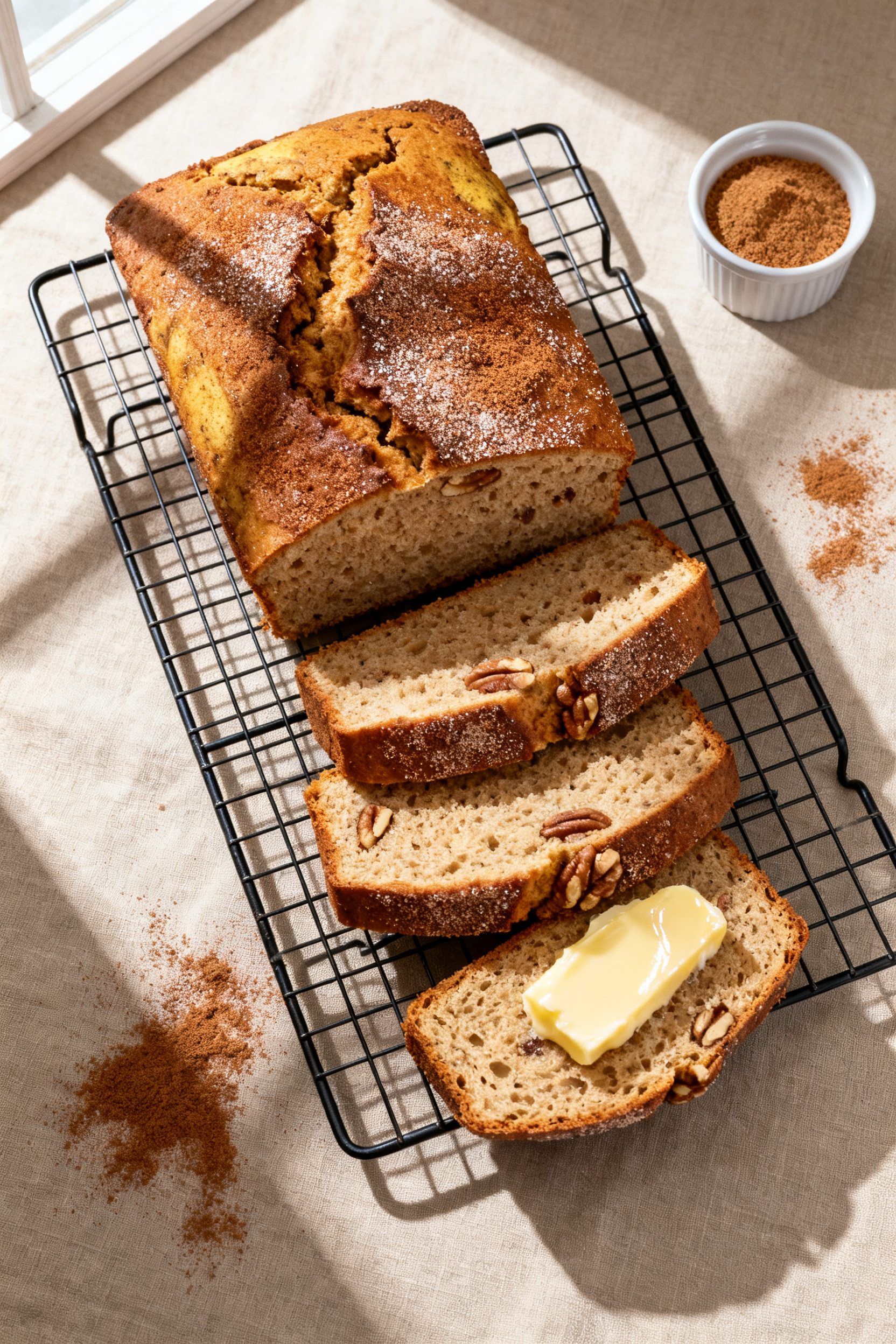 Final dish, tasty top view: Overhead shot of a sliced banana bread loaf on a wire rack, slices sligh