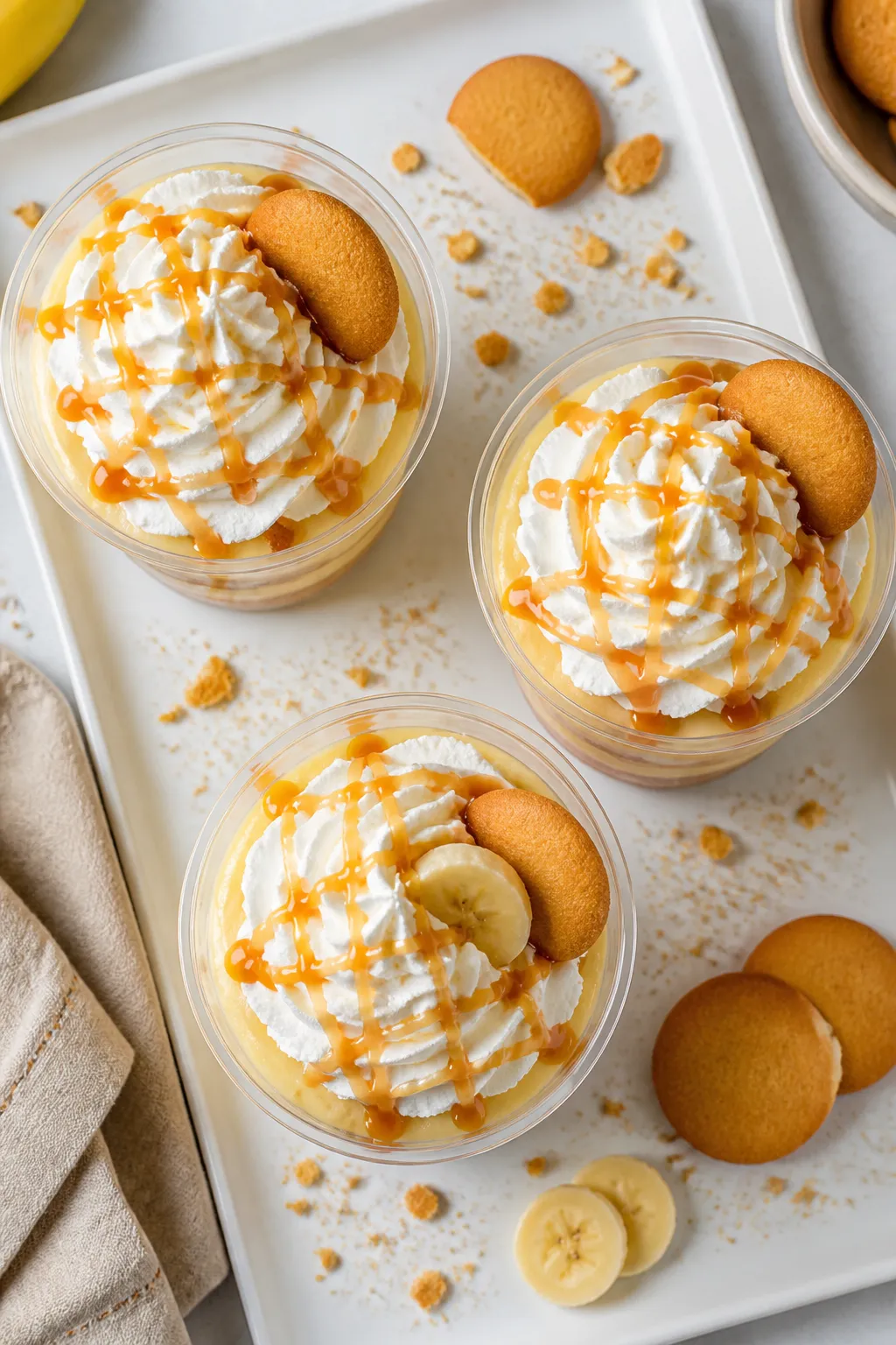 Overhead final presentation of Banana Pudding Dessert Cups with Caramel Drizzle: a trio of finished