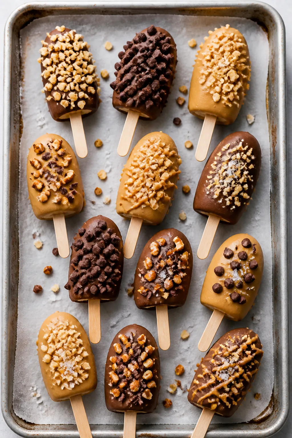Overhead final presentation of fully set Frozen Banana Dessert Pops: a parchment-lined, lightly fros