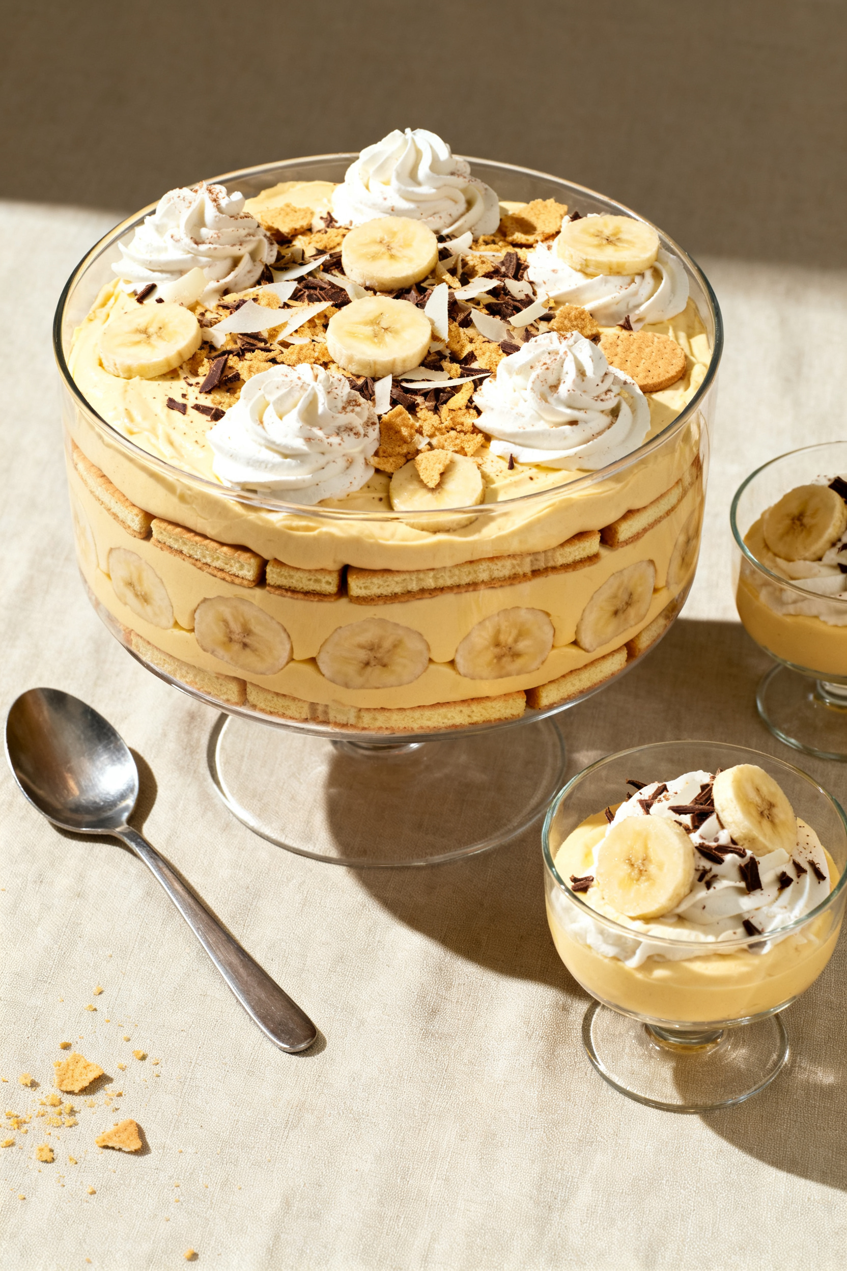 Overhead final presentation shot: Banana Fluff Dessert set in a clear trifle dish with distinct laye
