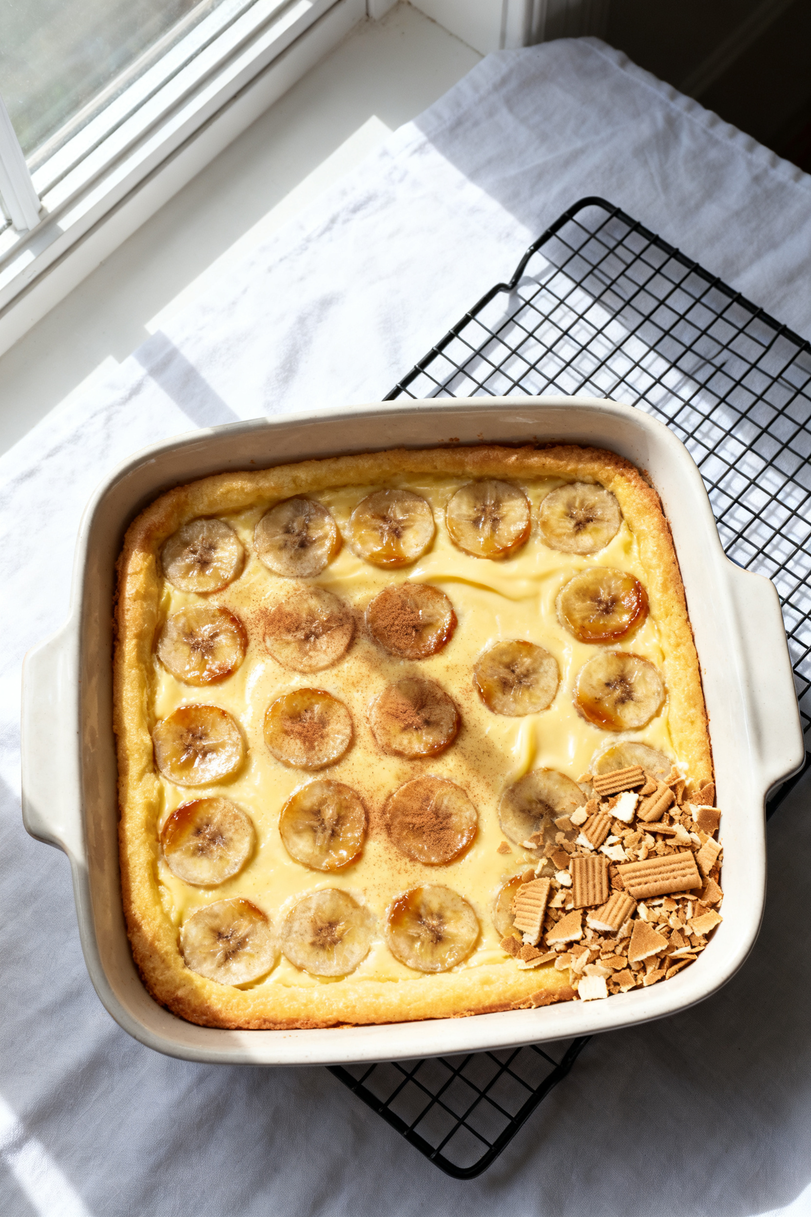 Overhead shot of a freshly baked Banana Custard Bake in an 8x8 ceramic dish just out of the oven, ed