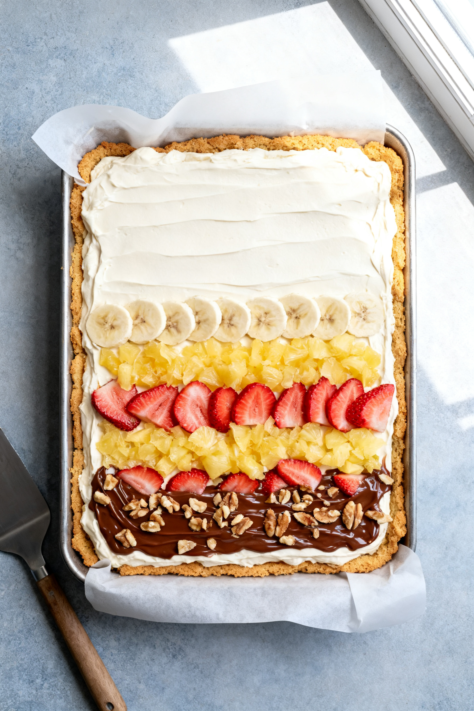 Overhead shot of a fully assembled No Bake Banana Split Dessert in a 9x13 pan just before the final