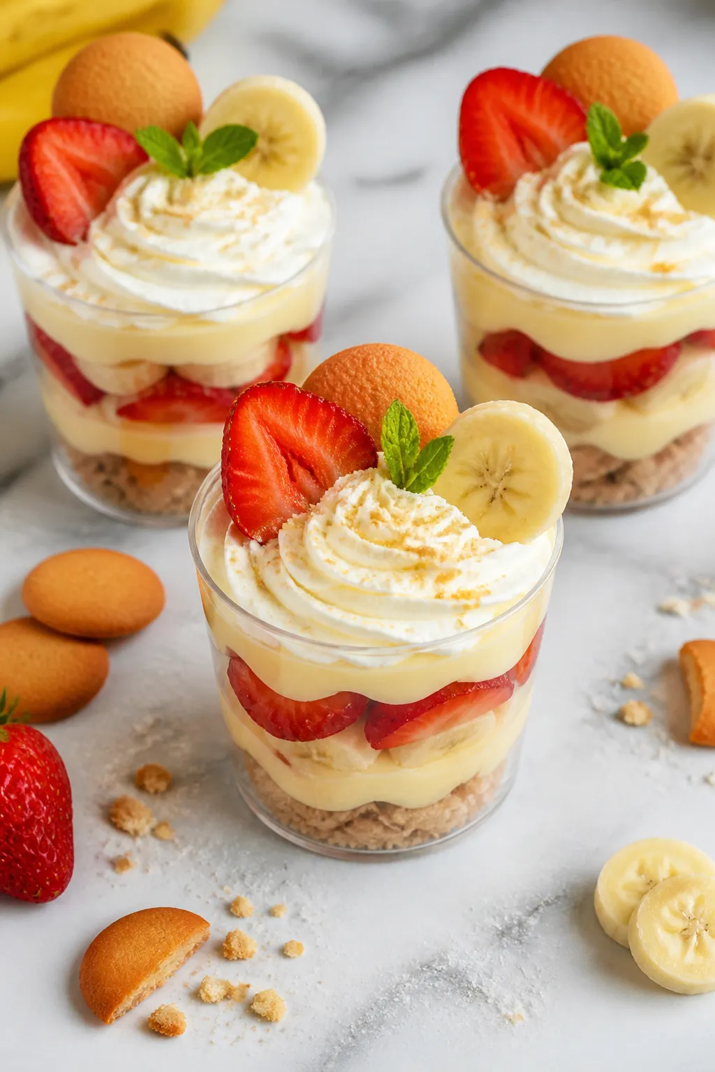 Overhead shot of assembled Banana Pudding Dessert Cups in clear 6–8 oz cups on a white marble surf