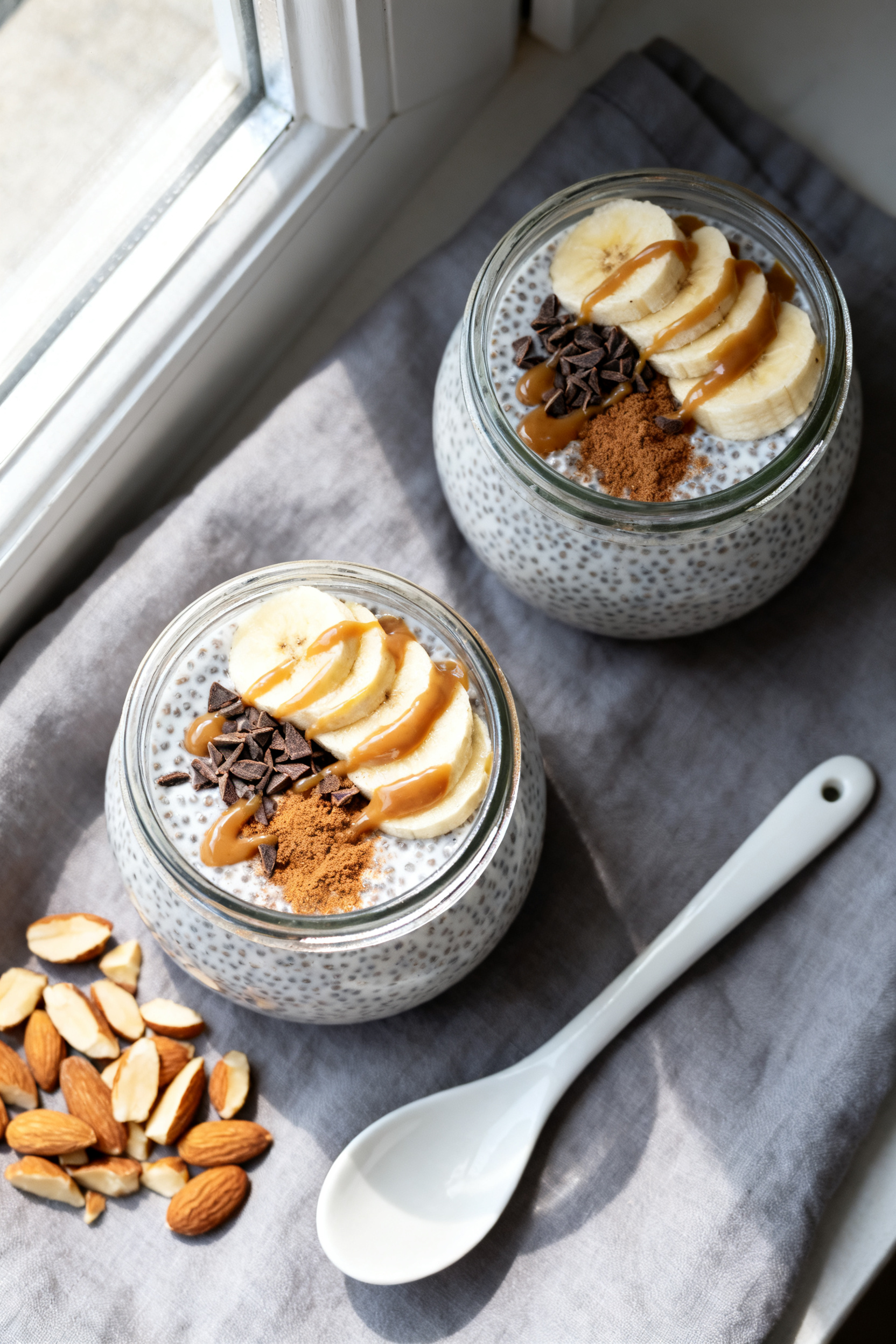 Overhead shot of banana chia pudding after overnight chill, spooned into two small glass jars, cream