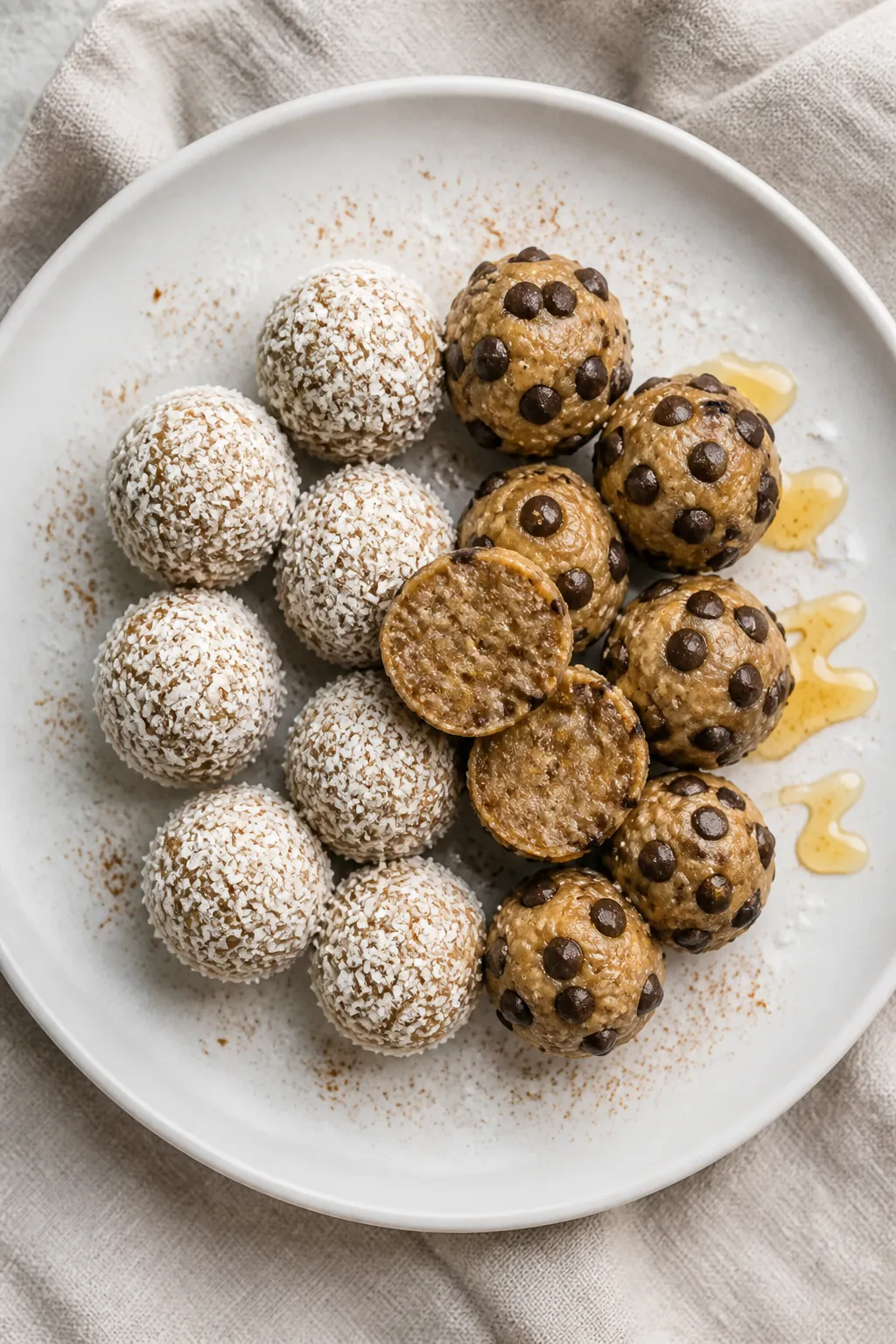 Overhead shot of finished banana dessert energy bites neatly arranged in a tight circle on a matte w