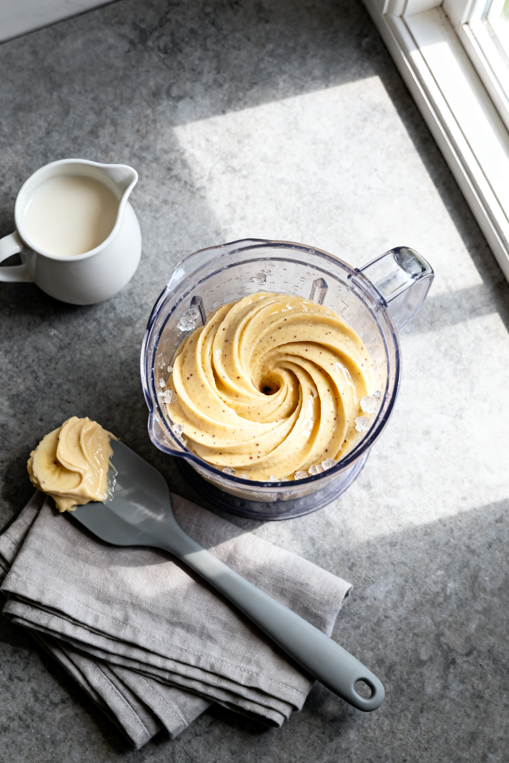Overhead shot of freshly blended two-ingredient banana “ice cream” in a blender jar, soft-serve