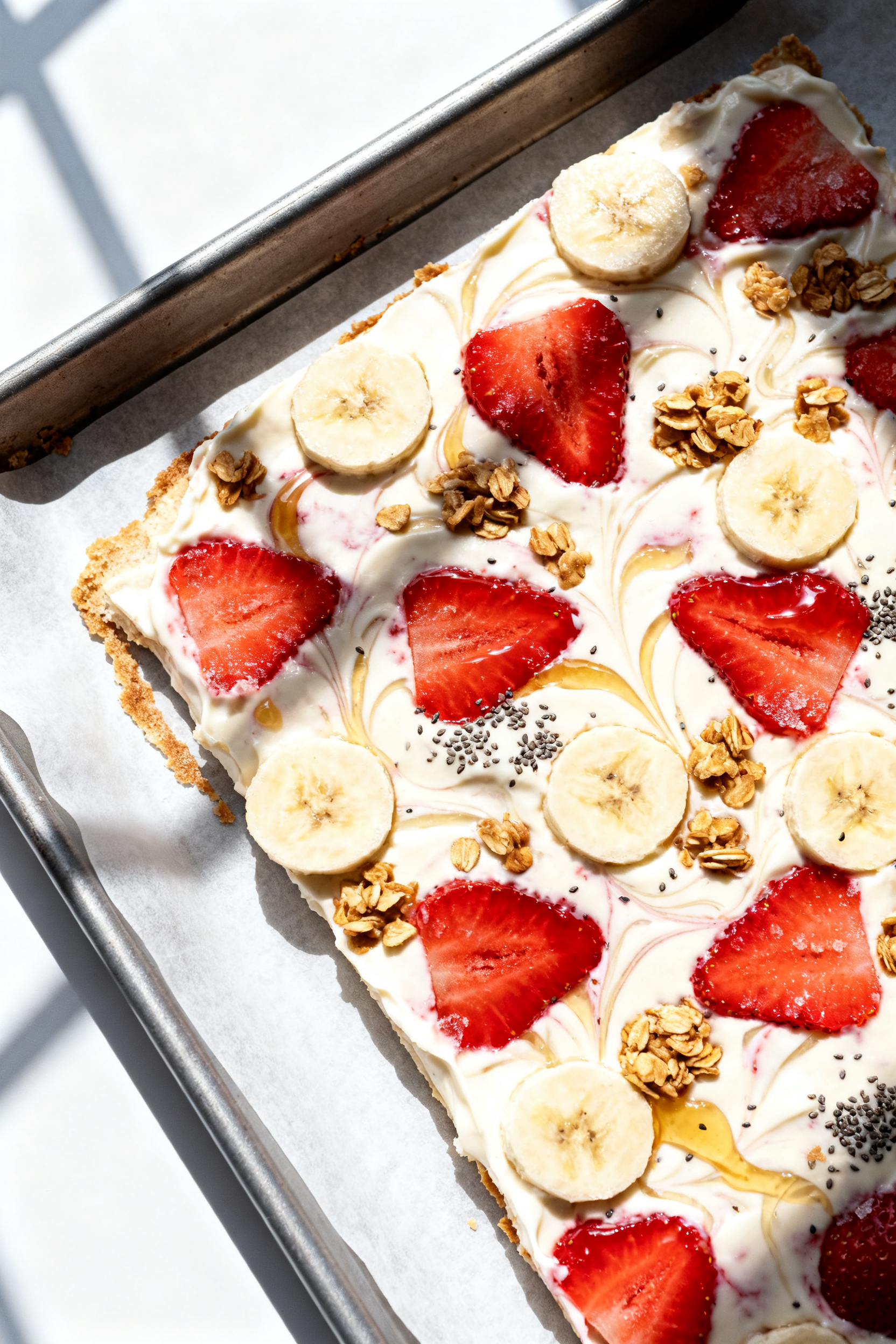 Overhead shot of Strawberry and Banana Frozen Yogurt Bark just after freezing and before cutting: a 