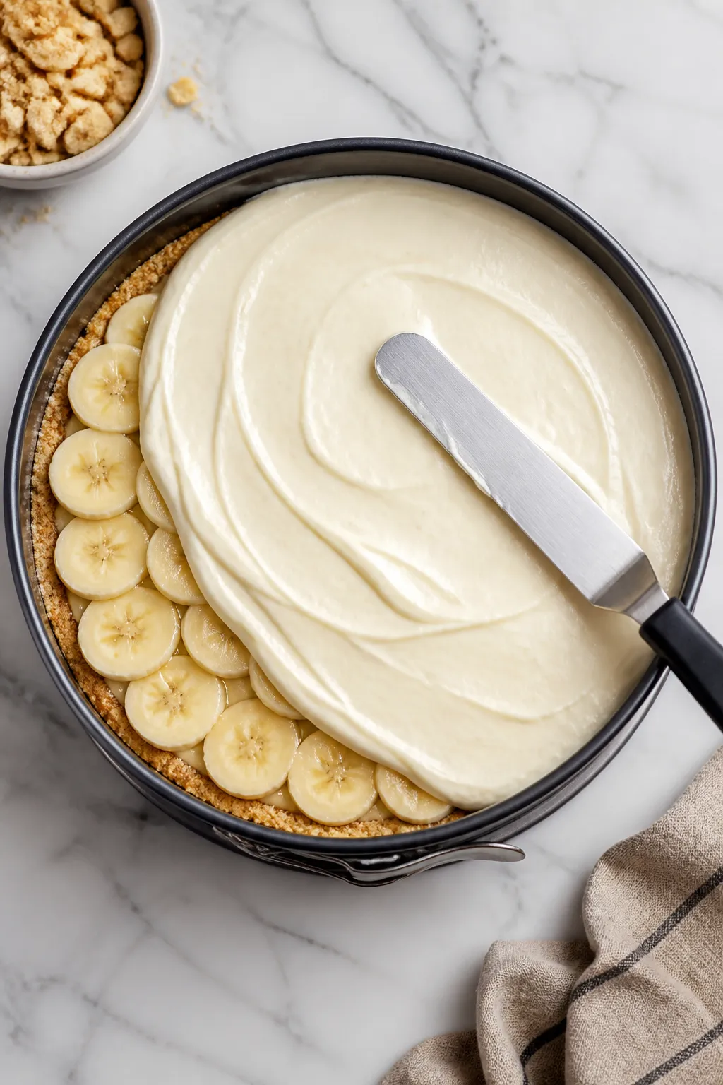 Overhead shot of the assembled no-bake banana cream cheesecake in a 9-inch springform pan right befo