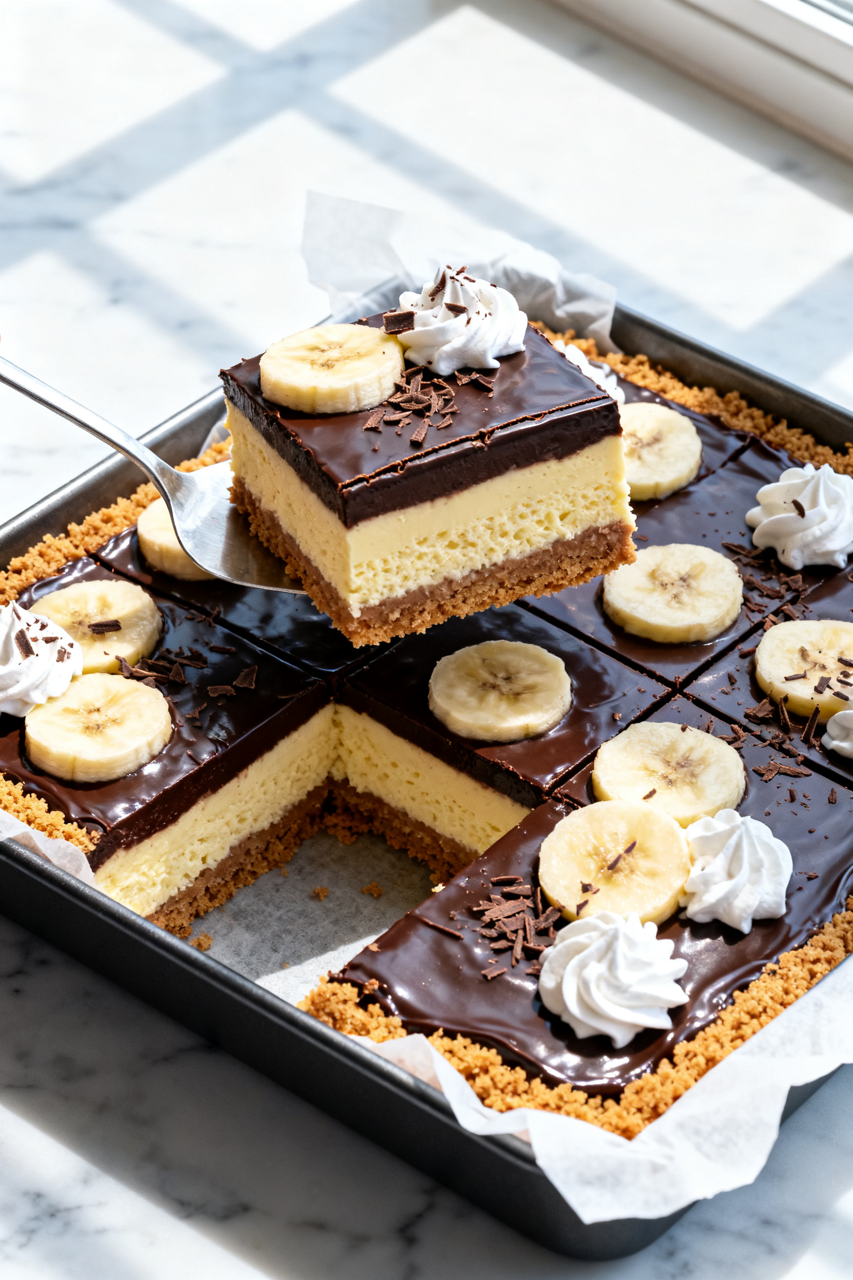Overhead shot of the fully set Banana Cream Dessert with Chocolate Layer in an 8x8-inch pan, clean s