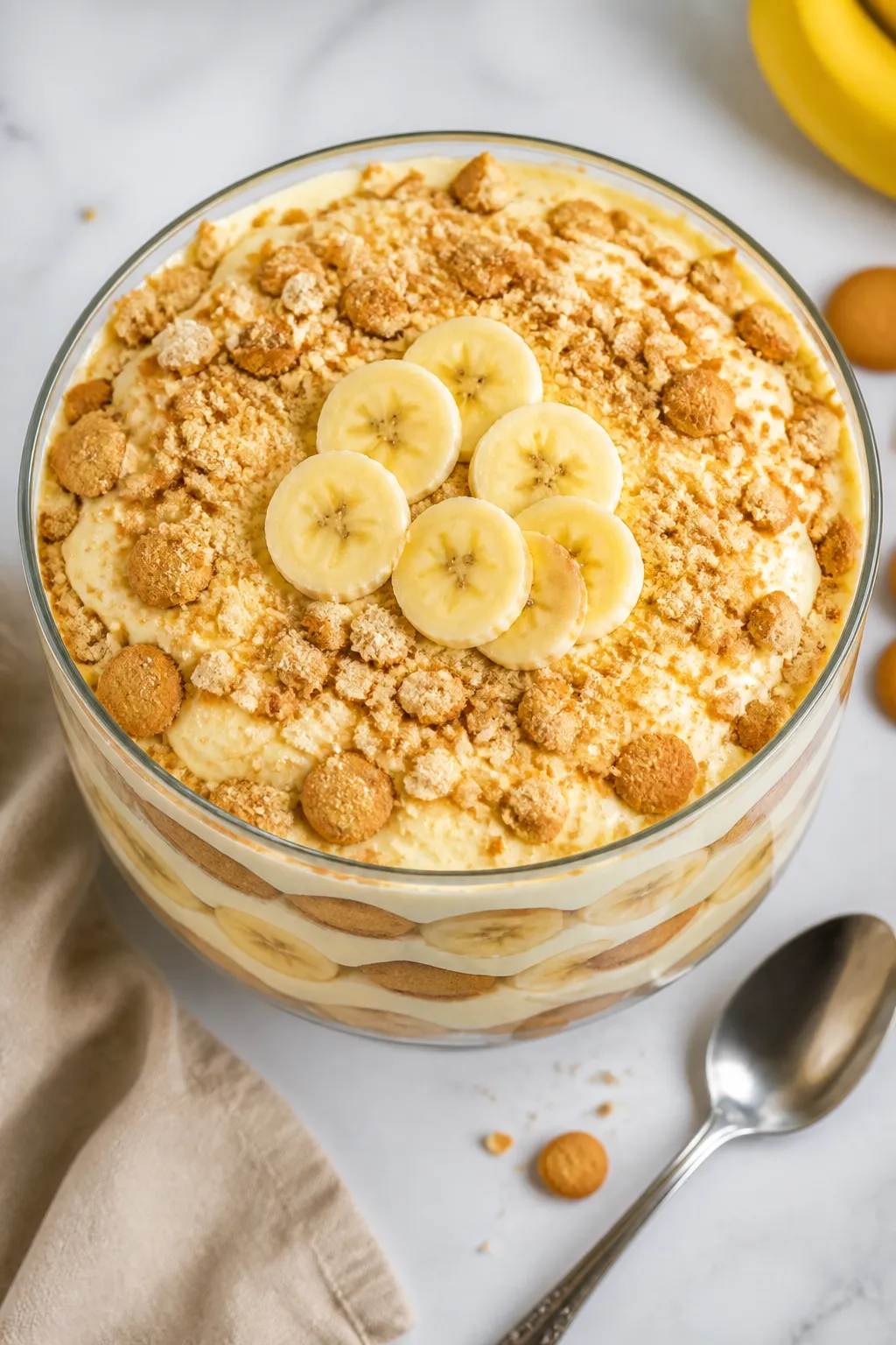 Overhead “tasty top view” of the fully assembled and chilled Banana Nilla Wafer Dessert in a gla