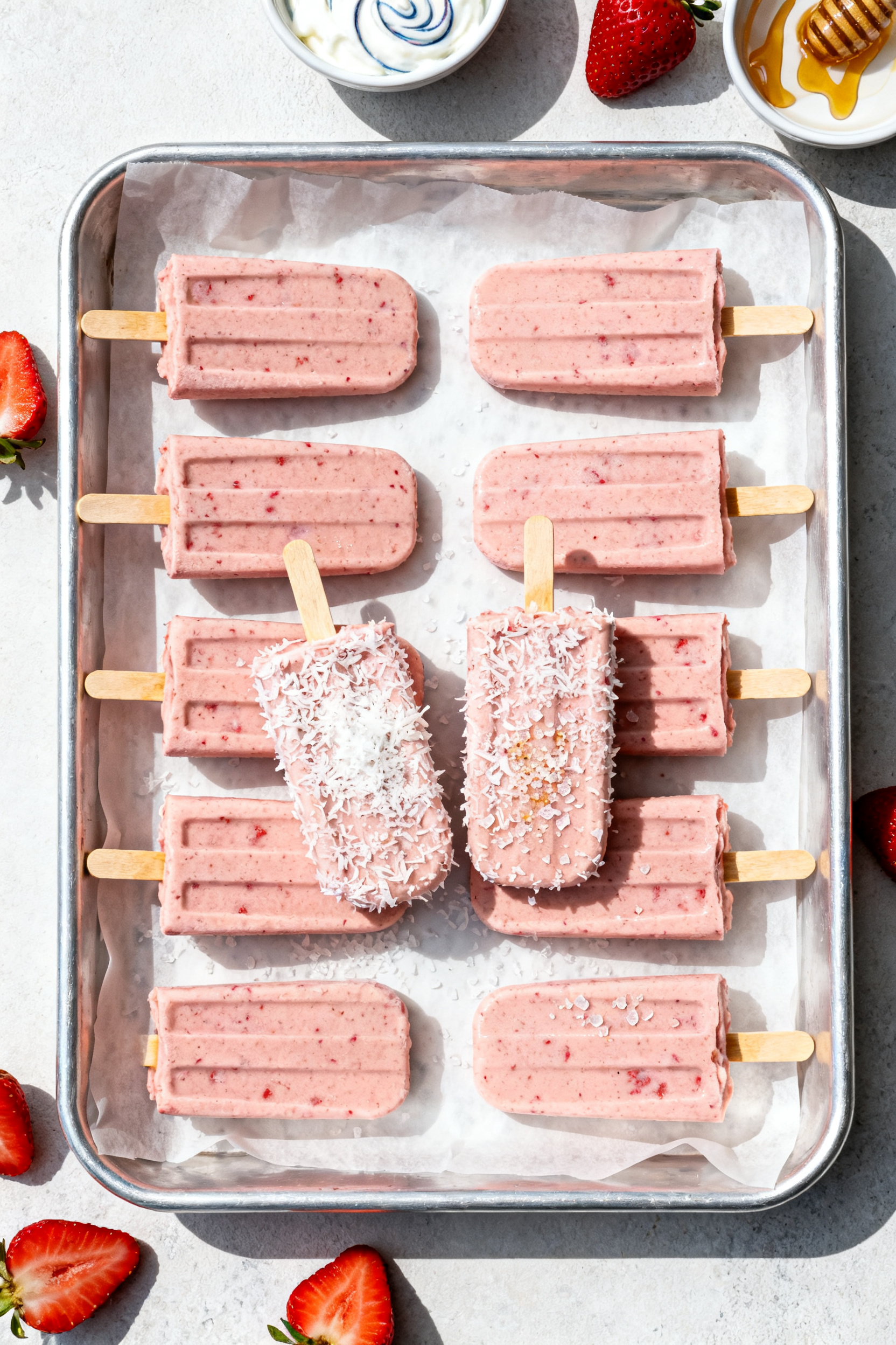 Tasty top view: Overhead shot of a set of strawberry–banana dessert smoothie popsicles resting in